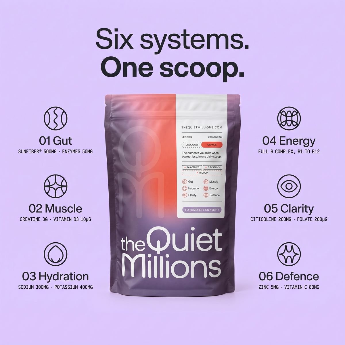 A stand-up pouch of 'the Quiet Millions' supplement centered on a light lavender background, surrounded by six circular icons with text detailing benefits for gut, muscle, hydration, energy, clarity, and defence. The pouch is dark purple with a white label and a red-to-orange gradient on the upper portion.