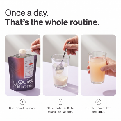 Three-step routine graphic showing how to use a powder drink mix pouch. Step 1 shows one level scoop of powder from a purple and orange 'the Quiet Millions' pouch.
